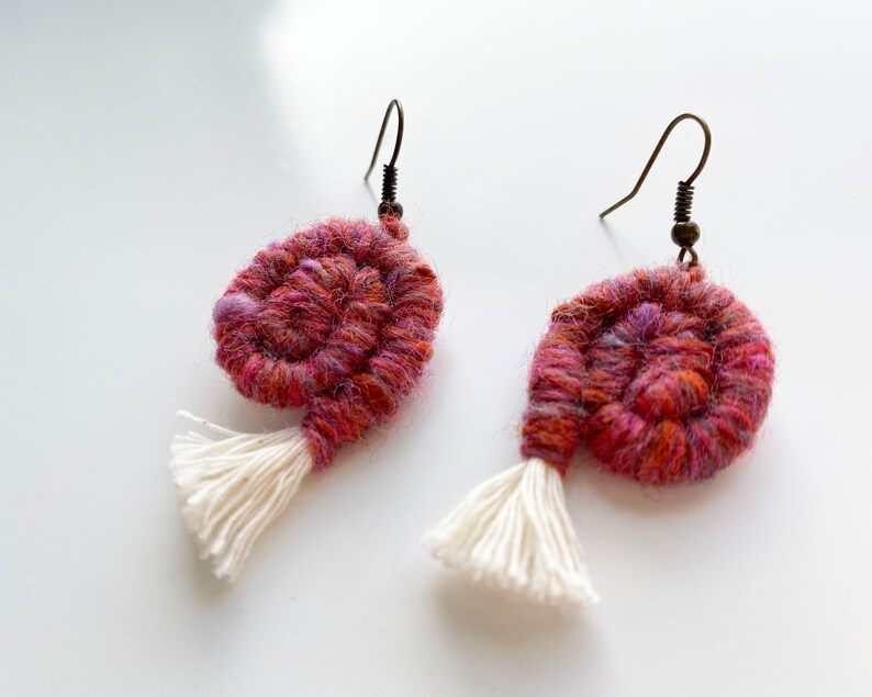 Pink Round Earrings Boho Tassel Earrings Fiber Wrapped Earrings Modern Boho Earrings Fiber Jewelry
