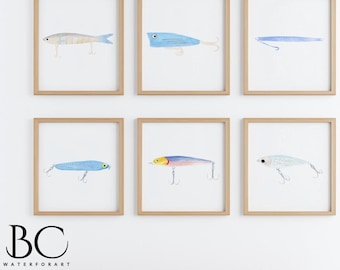 Fishing Lures Set of 6 Prints, Fishing art, watercolor fishing lures, lure art set, Fish Decor, Fishing Art Print Set, Fish Prints