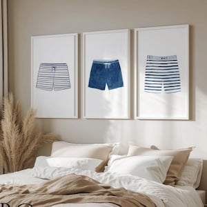 Watercolor Mens Shorts Prints, Vintage style Swimsuit Art Print Set - Navy Shorts Art, Beach House Decor - Lake House Wall Art - Set of 3