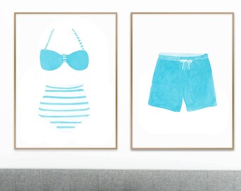 Vintage Turquoise Swimsuit Art Print, Bathing Suit Print set, Beach House Decor, Coastal decor, Lake House Wall Art, Nursery decor