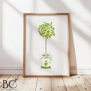 Aquarell Orangenbaum Druck, Orange Formschnitt Druck, Wohnzimmer Wandkunst, Küche Wanddekor, Grüner Ingwer glas Topf Druck, Orange Aquarell