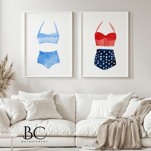 Vintage style swimsuit watercolor prints, Swimwear & bathing suit wall art,  Perfect beach House and lake house decor, Beach lover art gift