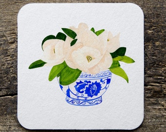 Watercolor Chinoiserie Magnolia Coaster Set, packs of 4 coasters with high-resolution printing