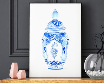 Blue and White Chinoiserie Porcelain Vase, watercolor Blue White porcelain ,chinoiserie chic, Ginger Jar print , chinoiserie art print