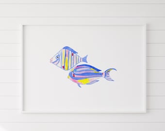 Watercolor Blue Tropical Fish Print, Nursery Wall Art, Ocean nursery wall art, Nursery wall decor, sea animals nursery art