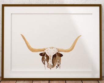 Watercolor Texas Longhorn Cow Print, Cowboy Art Print, Western Print, Cattle art print, Cowboy Wall Art, Texas Art, Farmhouse Decor