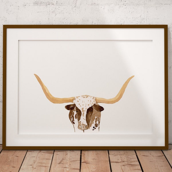 Watercolor Texas Longhorn Cow Print, Cowboy Art Print, Western Print, Cattle art print, Cowboy Wall Art, Texas Art, Farmhouse Decor