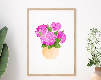 Watercolor Pink Hydrangea Print, Hydrangea in Clay Pot, Pink Hydrangea Print, Watercolor Hydrangea Wall Art, Gallery Wall Art