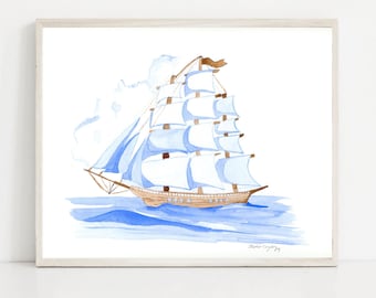 Watercolor Sailboat Print,  Nautical decor, Sailboat Art, Coastal Nursery Decor, Lake House Decor, Beach Decor ,Watercolor nautical prints