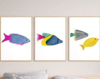 Nursery ocean prints, Tropical Fish print, Nursery decor, baby girls room decor, colorful Nursery wall art, Tropical Fish Painting set of 3