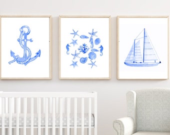 watercolor coastal nautical set of 3 gifts for baby boy, Nautical nursery art, watercolor Ocean art , anchor, Sailboat Watercolor