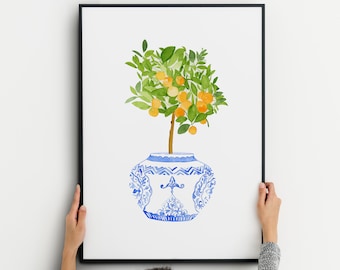 Aquarell Orangenbaum Print, Keramik Ingwerglas Print, Chinoiserie mit Zitrusbaum, Kochen Geschenk, Natur Wandkunst. Botanischer Druck