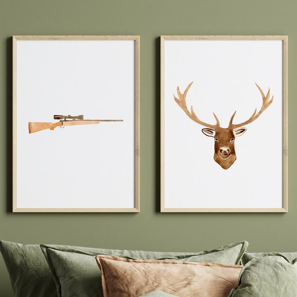 Aquarell Jagdkunst 2er-Set, Vintage Riffle Kunstdruck, Jagd Wanddekor, Mann Höhle Dekor, Hirsch Druck