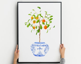 Watercolor Orange Chinoiserie Print, Blue and White porcelain, Orange watercolor decor, Blue White Chinoiserie Citrus Tree, Orange wall art