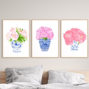 Set of 3 Coastal Blues Watercolor peony porcelain print, Blue and White porcelain, red, pink watercolor decor, Blue White Chinoiserie