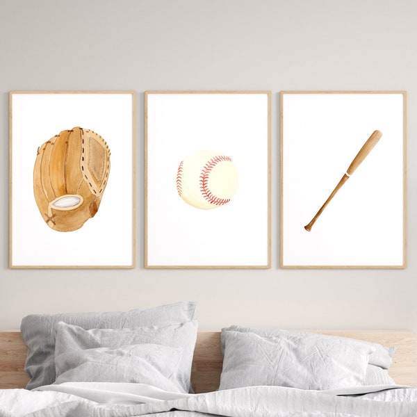 Watercolor Baseball print set, Sport art prints, baseball Bat, Ball and Mitten print, baseball room decor, sports nursery art, sports decor