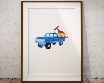 Dinosaur in Blue Truck Watercolor Print, Watercolor Dinosaur Nursery Decor, Boys Room Decor, Dinosaur print boys room, Animals vintage truck