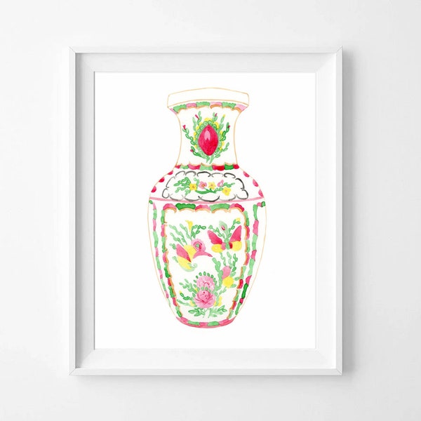 Famille Rose Vase Print, Rose medallion wall art , Chinoiserie artwork, Antique Famille Rose medallion print