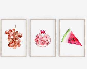 Watercolor, grape, pomegranate art print, Set Of 3 fruit prints, vegetarian art, fruit lover gift, art for kitchen