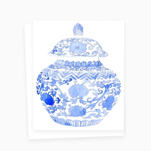 Watercolor Blue Chinoiserie Ginger Jar Card, Chinoiserie Note Card, You can personalize the ginger jar with your initial or with your name