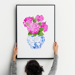 Impresión de hortensia rosa acuarela, porcelana azul y blanca de hortensia chinoiserie, impresión de hortensia rosa, arte de pared de hortensia de acuarela imagen 2