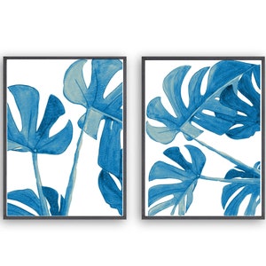 Watercolor Blue Monstera Print Set of 2, Botanical Print, Tropical Leaves Wall Art, Green Leaves print, large Leaf Print, Plant Artwork image 1