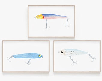 Fishing Lures Set of 3 Prints, Fishing art, watercolor fishing lures, lure art set, Fish Decor, Fishing Art Print Set, Fish Prints