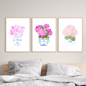 Set of 3 Coastal Pink Watercolor Hydrangea Porcelain Prints, Blue and White Chinoiserie Porcelain, Pink Watercolor Hydrangea Decor