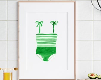Watercolor Emerald Green Vintage Swimsuit Art Print, Bathing Suit Art Print, Beach House Decor, Lake House Art, Emerald Green Wall Art