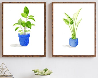 Set of 2  House plant prints, Botanical posters, Watercolor plants in pots, Plants wall art,home office,Plants prints, Boho wall decor