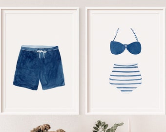 Vintage Navy Blue and White Swimsuit Art Print, Bathing Suit Print set, Beach House Decor, Lake House Wall Art, Nursery decor