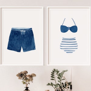 Vintage Navy Blue and White Swimsuit Art Print Bathing Suit - Etsy