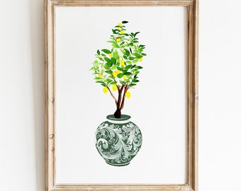 Chinoiserie lemon Ginger Jar Print , Chinoiserie Ginger Jar lemon watercolor print, Chinoiserie Citrus Tree, lemon wall art, lemon print