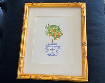 Watercolor Orange Tree Print in Gold Bamboo Frame, Chinoiserie with Citrus Tree, Pottery Ginger Jar Print, Nature wall art