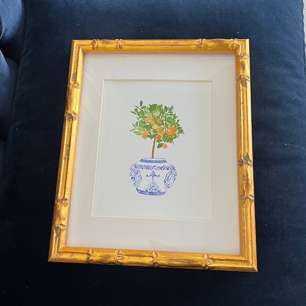 Watercolor Orange Tree Print in Gold Bamboo Frame, Chinoiserie with Citrus Tree, Pottery Ginger Jar Print, Nature wall art