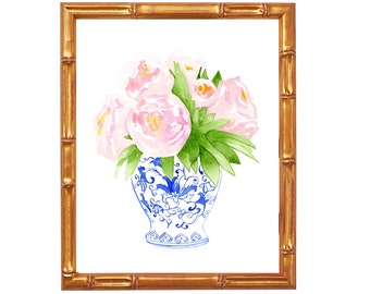 Watercolor Peonies Chinoiserie Vase, Coastal Blues Watercolor peony porcelain print, Blue White porcelain, Pink floral watercolor,Home Decor