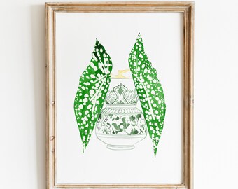 Watercolor Polka Dot Begonia Plant Art Print, Green Chinoiserie Begonia Print , Watercolor Begonia Wall Art , Botanical Wall Art