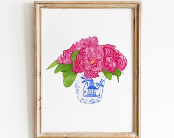 Watercolor chinoiserie porcelain vase pink peony print, Coastal Blues, Blue White China Vase print , Pink peony floral watercolor,  Blue