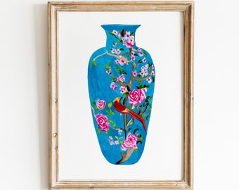 Blue Ginger Jar peinture imprimé, Chinoiserie Porcelaine Vase, aquarelle Bleu floral oiseau porcelaine, chinoiserie chic, chinoiserie art print