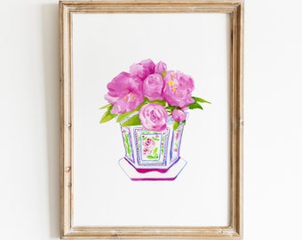 Watercolor Pink Peonies in Chinoiserie Vase, Hot Pink Decor, Chinoiserie Pink peonies floral print, Hot Pink chinoiserie art
