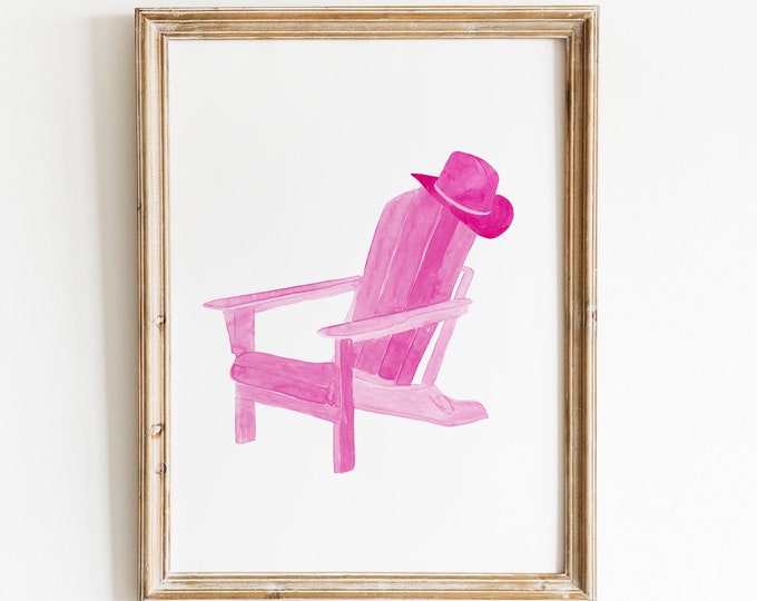 Watercolor Pink Adirondack Chairs art print, Pink Cowboy Hat Art Print, Beach Decor Wall Art Print, Lake House Decor, Living room art