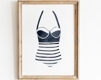 Aquarela de maiô vintage - Arte de maiô, Impressão de arte de maiô, Decoração de casa de praia - Arte de parede de casa de lago - Arte náutica - Decoração de parede azul
