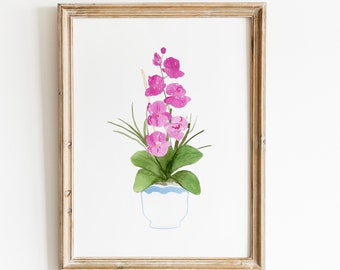 Watercolor Pink Orchid Painting, Watercolor Orchid print, Orchid Print, Botanical potted plant art, flower painting, Botanical print