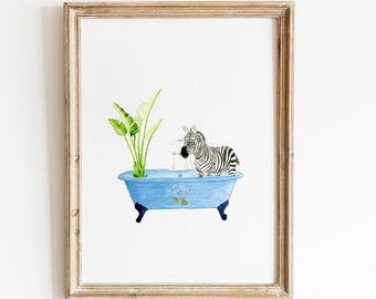 Watercolor Vintage Bathroom Art Print, Zebra in Blue Bathtub with Plants art print, Bathroom Wall Decor, Animal in Tub, Bathtub Animal Art