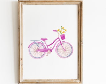 Watercolor Bike Print, Pink bike print, Bicycle Wall Art, Vintage Bike Print, Kids Room Decor, Nursery Decor, Beach nursery, Pink bike art