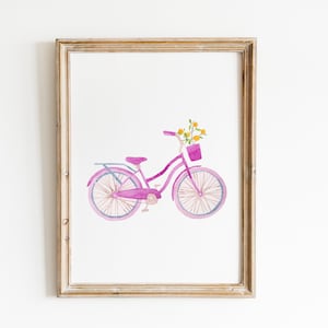 Watercolor Bike Print, Pink bike print, Bicycle Wall Art, Vintage Bike Print, Kids Room Decor, Nursery Decor, Beach nursery, Pink bike art