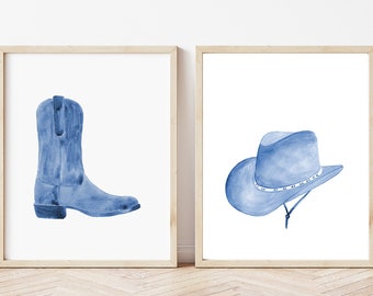 Watercolor Western Cowboy Boot and Hat Art Print Set, Western Print, Texas Art, Farmhouse, Cottage, Country Home Decor, Blue cowboy Hat art