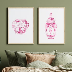 Hot Pink Watercolor Chinoiserie Print, Set of 2 Hot Pink Vases, Pink Watercolor Porcelain, Hot Pink Wall Art, Pink Wall Art Set, Pink Vases image 1