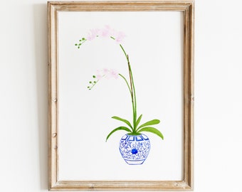 Pink Orchid in Blue and White Vase ,Watercolor Orchid Blue and White ginger jar, modern mud room art, coastal blues, Pink Orchid Painting