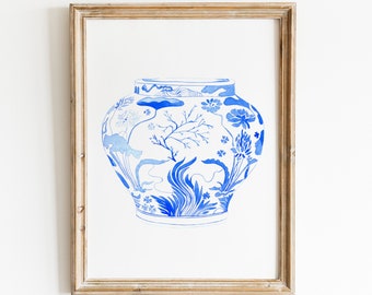 Watercolor Chinoiserie porcelain vase print, Blue White Oriental Vase art, Willow Style Porcelain Ginger Jar Wall Art, Ginger jar print